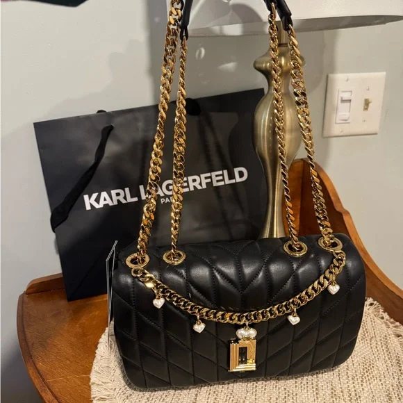 NWT Karl Lagerfeld Black Quilted Leather Shoulder or crossbody Bag 🖤 - Picture 2 of 12